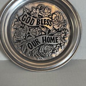 Vintage “God bless our home” pewter plate 8 inches